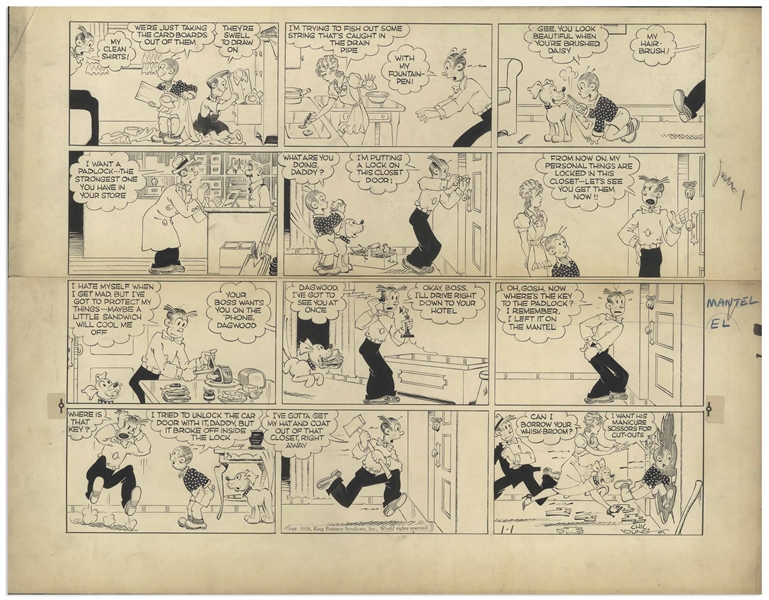 Chic Young Hand-Drawn ''Blondie'' Sunday Comic Strip From New Year's 1938 -- Dagwood's Brilliant Plan Backfires